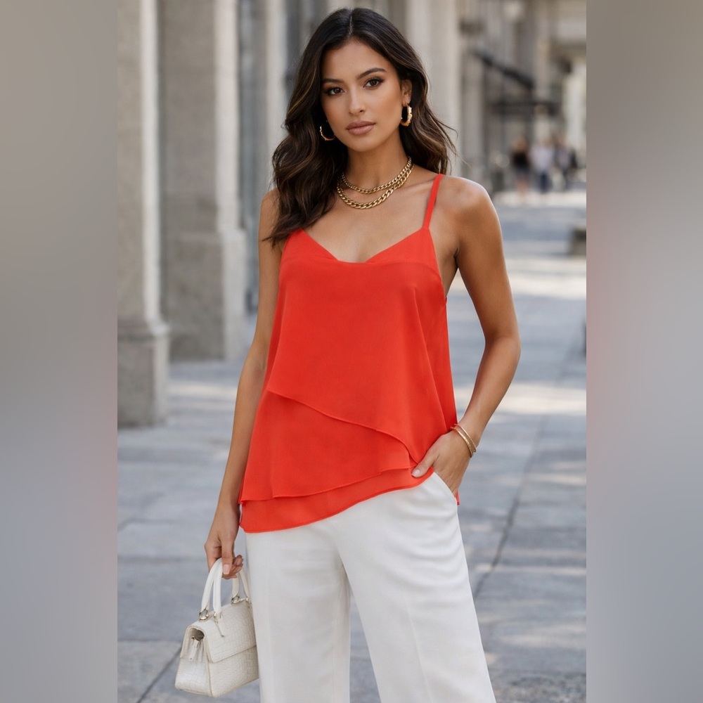 BCBGMAXAZRIA“Mika” Draped Asymmetrical Top – Coral, Size XS